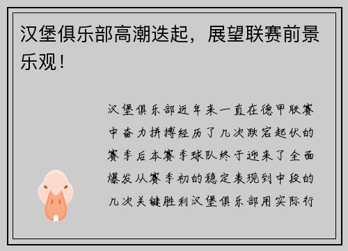 汉堡俱乐部高潮迭起，展望联赛前景乐观！