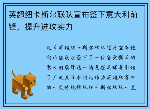 英超纽卡斯尔联队宣布签下意大利前锋，提升进攻实力